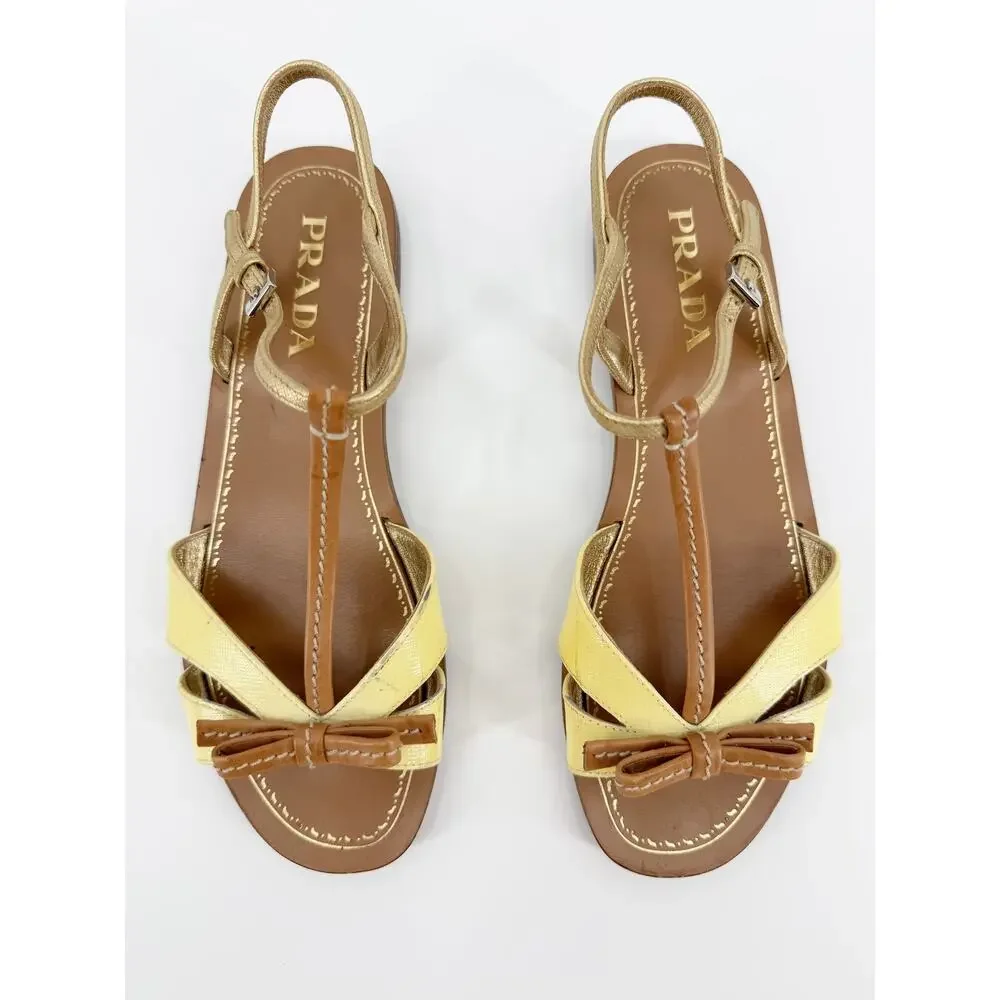 Prada Sandals Yellow Leather Bow T Strap Flat Gladiator Slingback Italy 36.5
